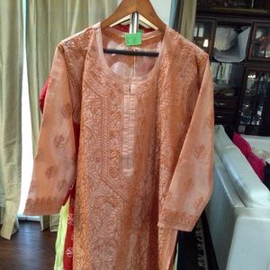 Sandstone brownish orange tissue Lucknowi kurta